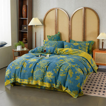 Parure de lit luxueuse en gaze de coton jacquard à motif floral (4 pièces)