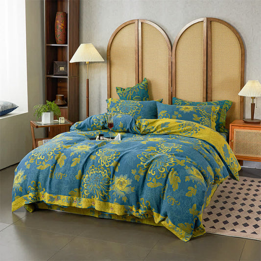 Parure de lit luxueuse en gaze de coton jacquard à motif floral (4 pièces)