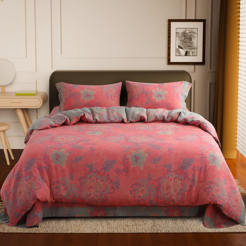 Parure de lit luxueuse en gaze de coton jacquard à motif floral (4 pièces)