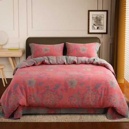 Parure de lit luxueuse en gaze de coton jacquard à motif floral (4 pièces)