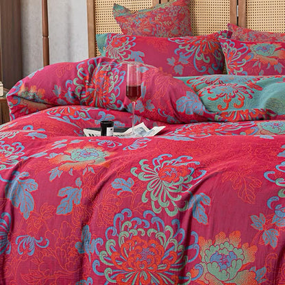 Parure de lit luxueuse en gaze de coton jacquard à motif floral (4 pièces)