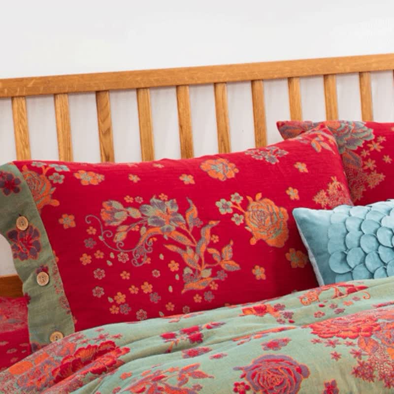 Parure de lit en gaze de coton jacquard au design rustique rose (4 pièces)