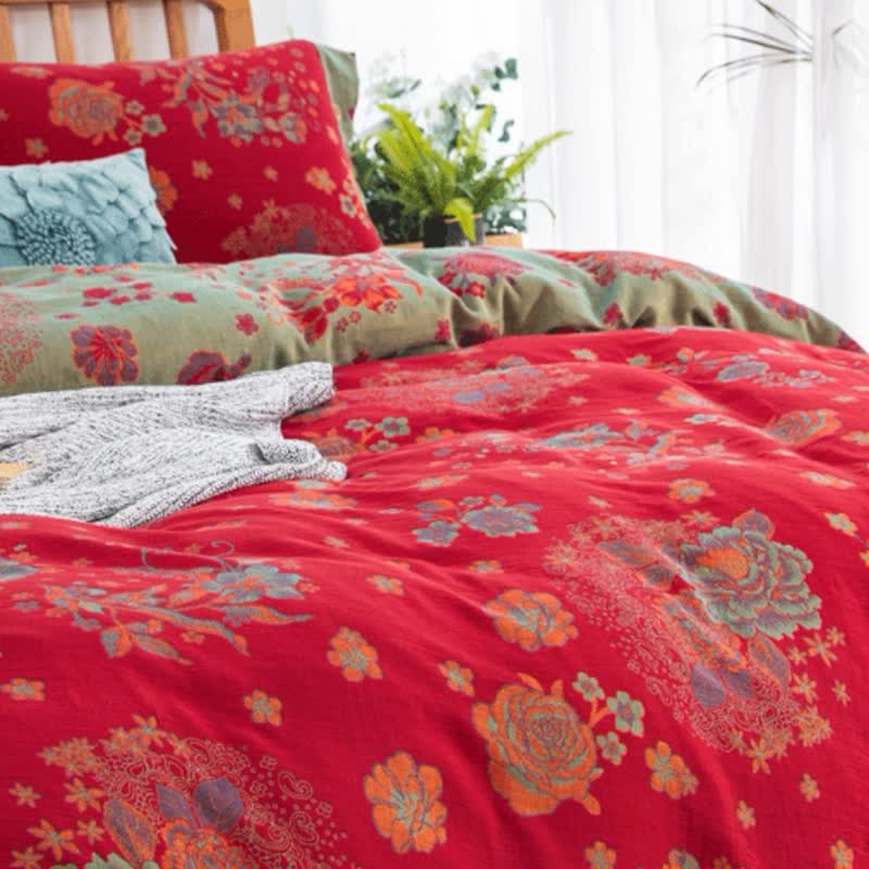 Parure de lit en gaze de coton jacquard au design rustique rose (4 pièces)