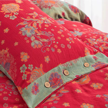 Parure de lit en gaze de coton jacquard au design rustique rose (4 pièces)