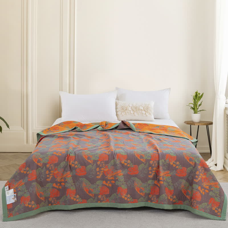 Couette en gaze de coton à trois couches avec motif de feuilles rustiques