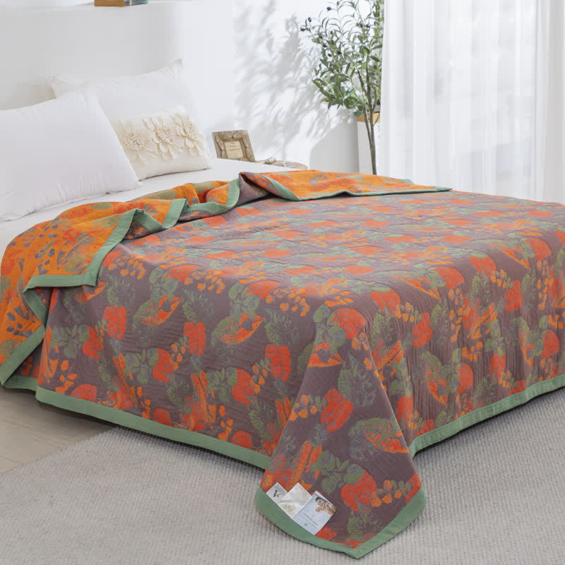 Couette en gaze de coton à trois couches avec motif de feuilles rustiques