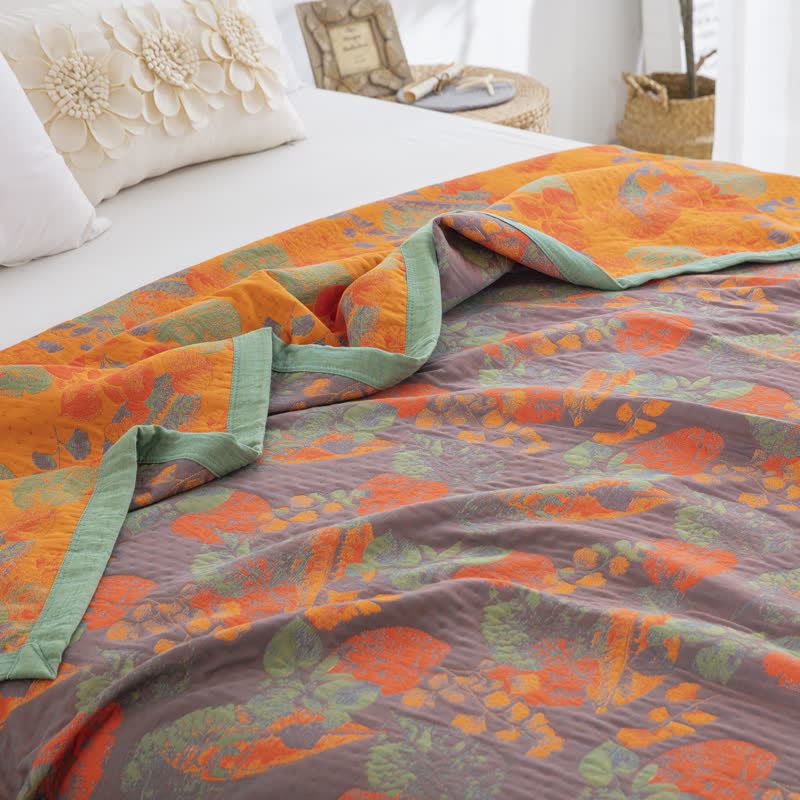 Couette en gaze de coton à trois couches avec motif de feuilles rustiques