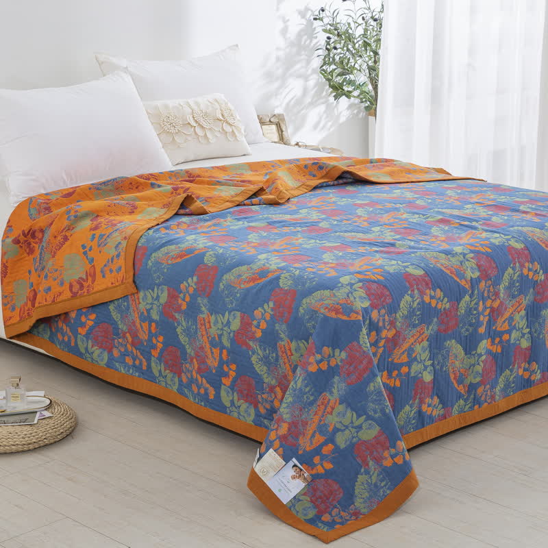 Couette en gaze de coton à trois couches avec motif de feuilles rustiques