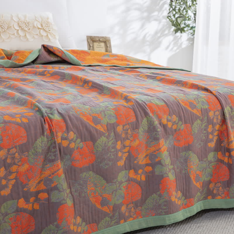 Couette en gaze de coton à trois couches avec motif de feuilles rustiques