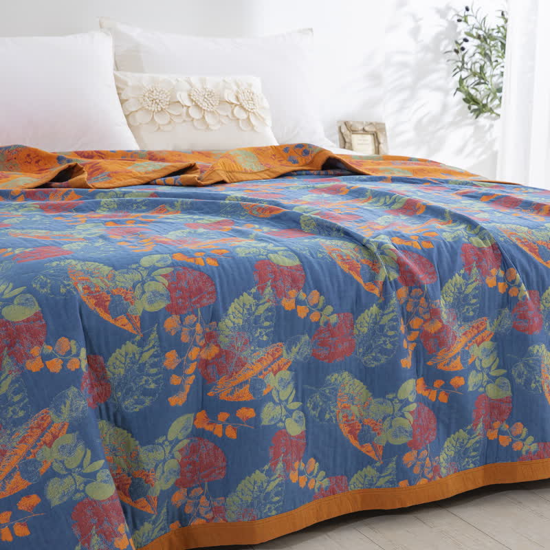 Couette en gaze de coton à trois couches avec motif de feuilles rustiques