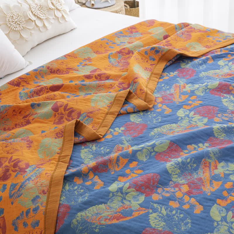 Couette en gaze de coton à trois couches avec motif de feuilles rustiques