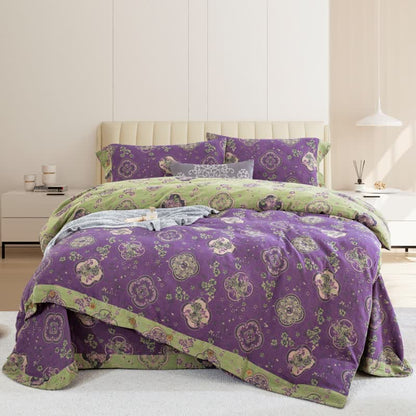 Parure de lit en gaze de coton double épaisseur à motif floral (4 pièces)