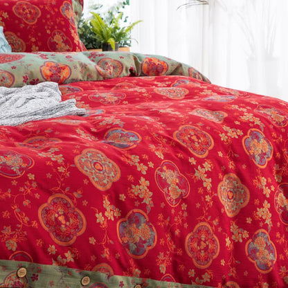 Parure de lit en gaze de coton double épaisseur à motif floral (4 pièces)