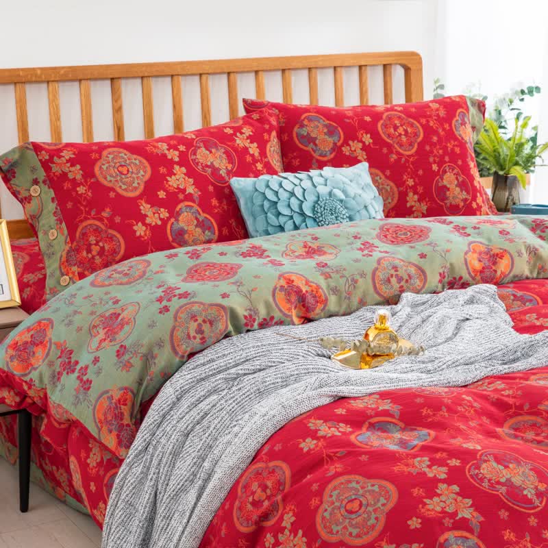 Parure de lit en gaze de coton double épaisseur à motif floral (4 pièces)