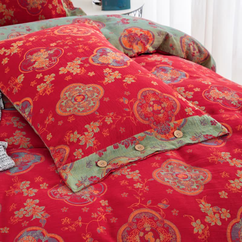 Parure de lit en gaze de coton double épaisseur à motif floral (4 pièces)