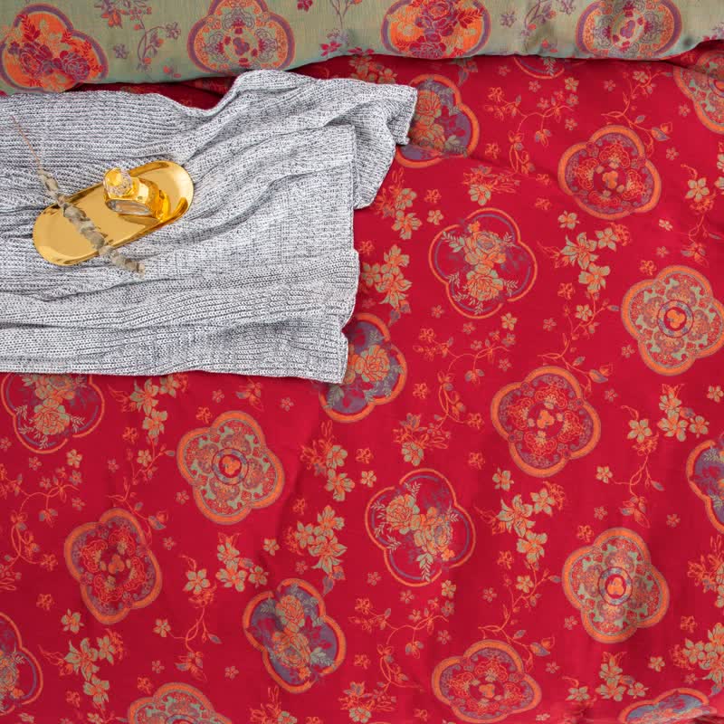 Parure de lit en gaze de coton double épaisseur à motif floral (4 pièces)