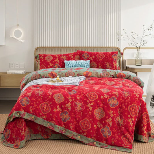 Parure de lit en gaze de coton double épaisseur à motif floral (4 pièces)