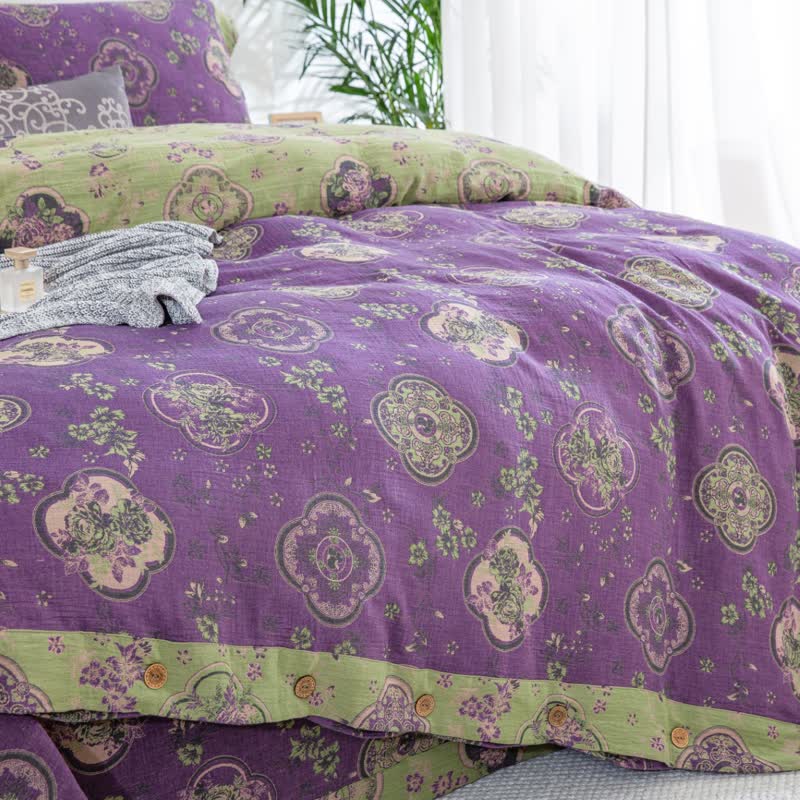Parure de lit en gaze de coton double épaisseur à motif floral (4 pièces)