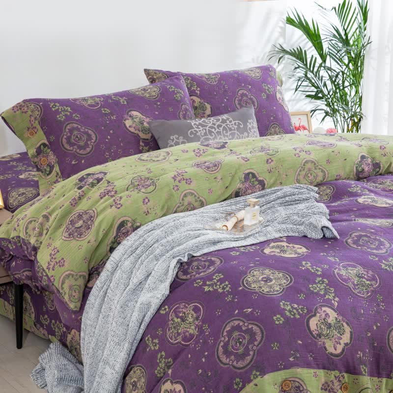 Parure de lit en gaze de coton double épaisseur à motif floral (4 pièces)