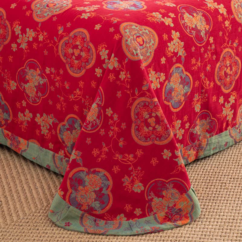 Parure de lit en gaze de coton double épaisseur à motif floral (4 pièces)