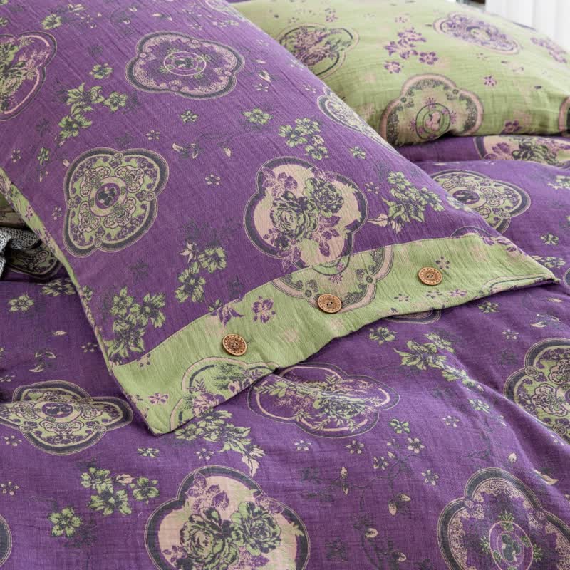 Parure de lit en gaze de coton double épaisseur à motif floral (4 pièces)