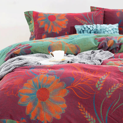Housse de couette avec boutons fleuris, drap de lit et taies d'oreiller (4 pièces)