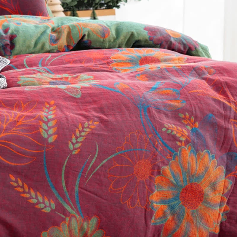 Housse de couette avec boutons fleuris, drap de lit et taies d'oreiller (4 pièces)