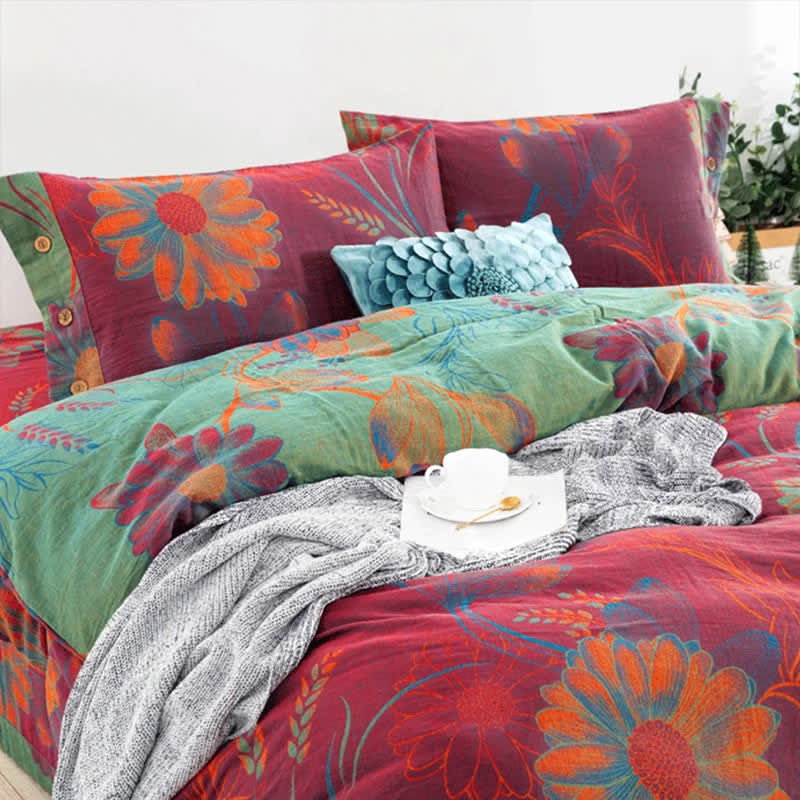 Housse de couette avec boutons fleuris, drap de lit et taies d'oreiller (4 pièces)