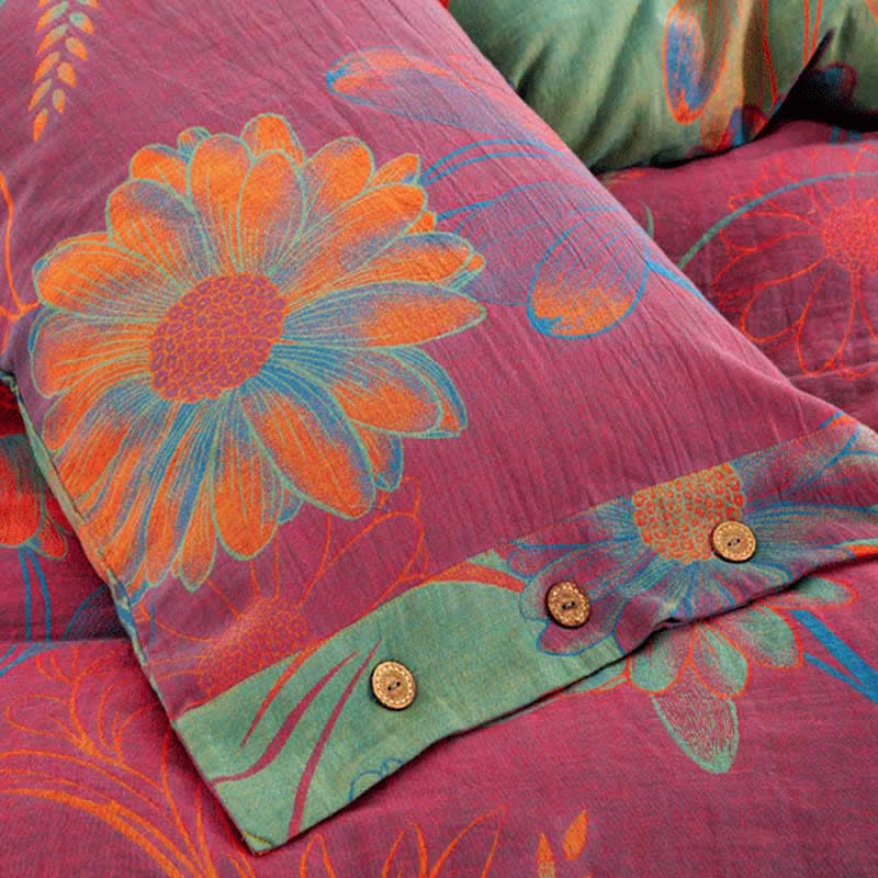 Housse de couette avec boutons fleuris, drap de lit et taies d'oreiller (4 pièces)