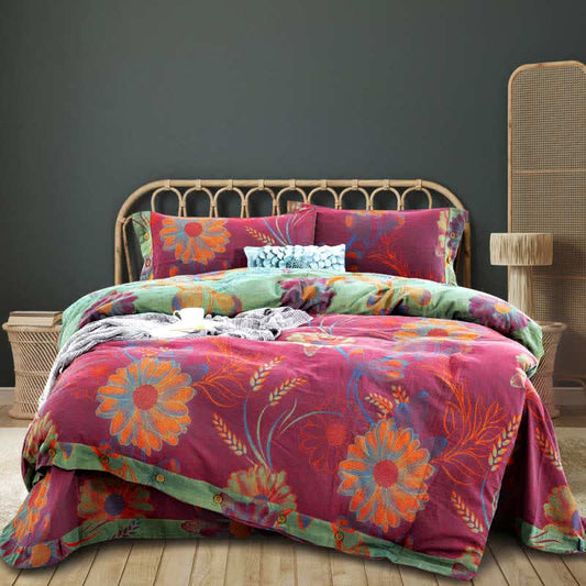 Housse de couette avec boutons fleuris, drap de lit et taies d'oreiller (4 pièces)