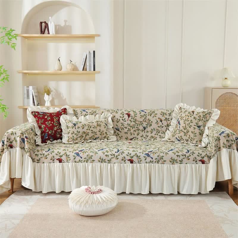 Housse de canapé douce de style campagnard avec oiseaux et fleurs
