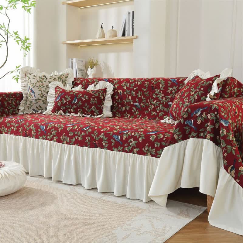Housse de canapé douce de style campagnard avec oiseaux et fleurs