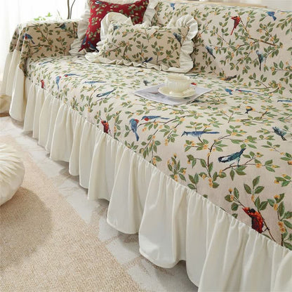 Housse de canapé douce de style campagnard avec oiseaux et fleurs