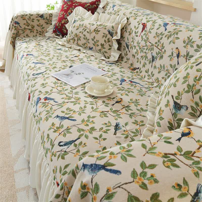 Housse de canapé douce de style campagnard avec oiseaux et fleurs