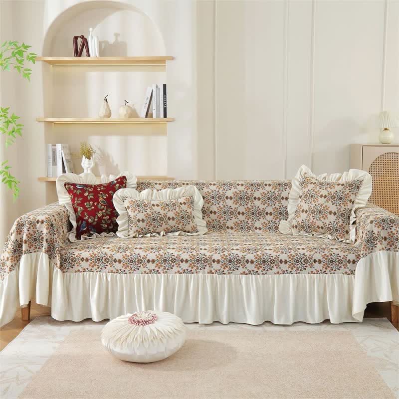 Housse de canapé jacquard à volants en fleurs de prunier