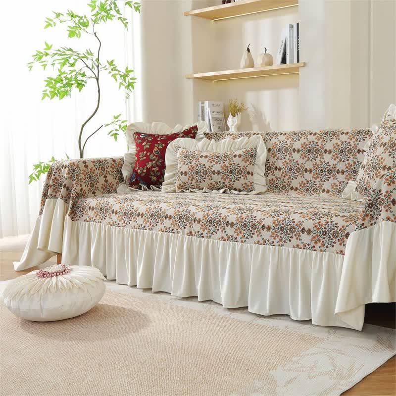 Housse de canapé jacquard à volants en fleurs de prunier