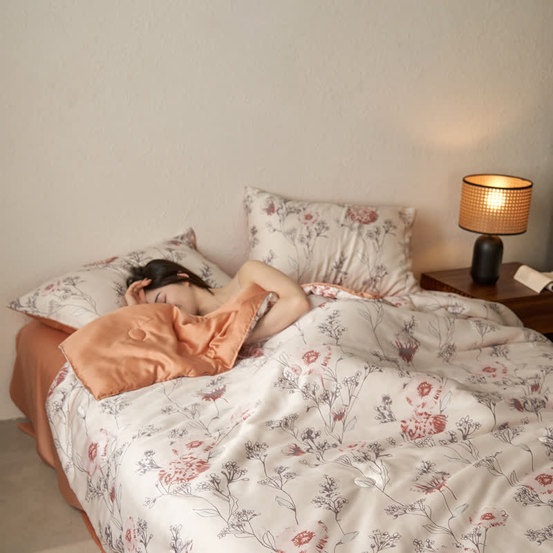 Linge de lit d'été respirant en fibre lyocell à motif floral