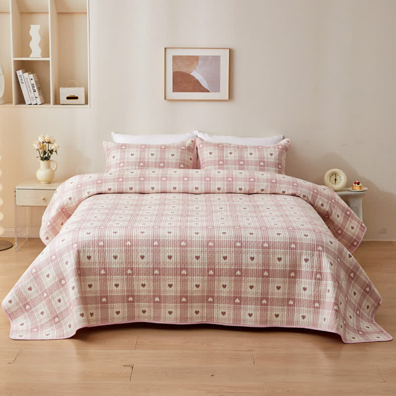 Linge de lit matelassé en pur coton avec motif cœur et carreaux