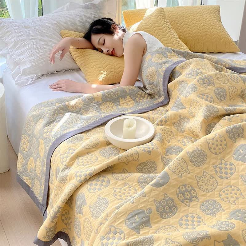 Ownkoti – Couette en gaze de coton grise à motif chat