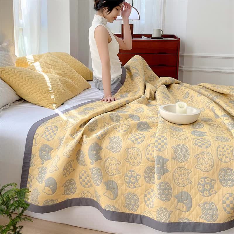 Ownkoti – Couette en gaze de coton grise à motif chat
