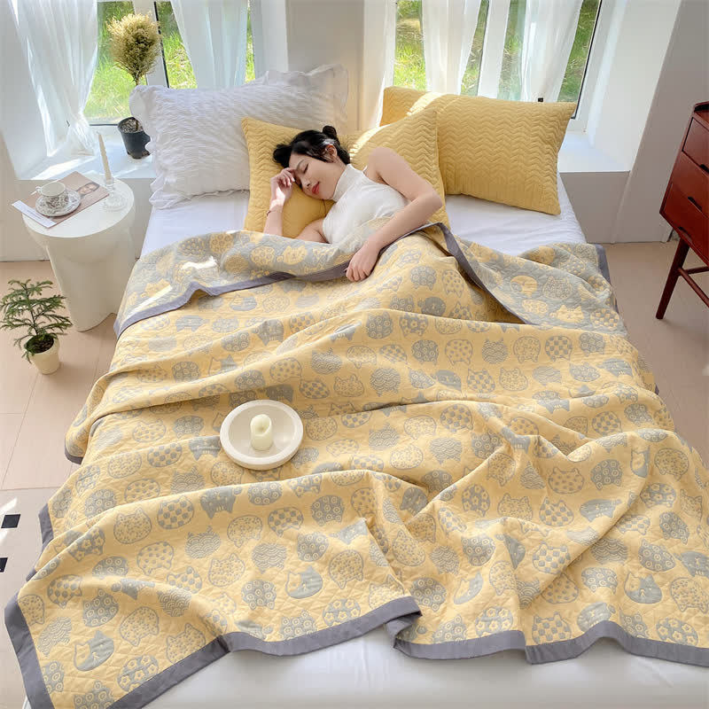 Ownkoti – Couette en gaze de coton grise à motif chat