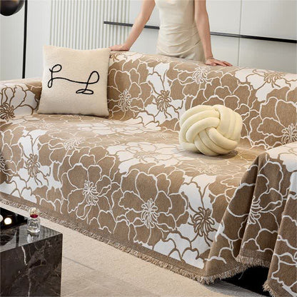 Housse de canapé en chenille avec motif floral et pompons doux