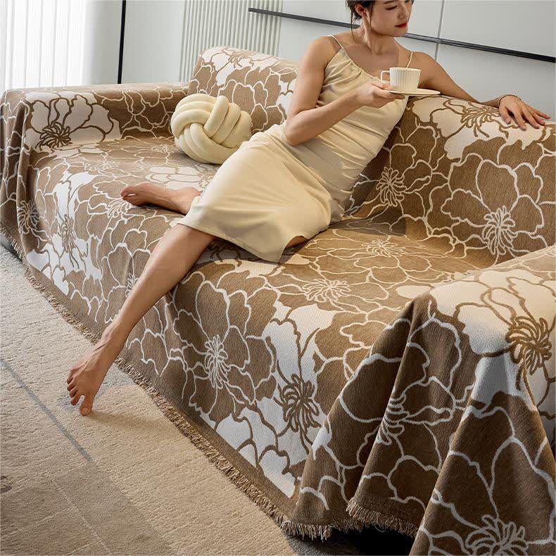 Housse de canapé en chenille avec motif floral et pompons doux