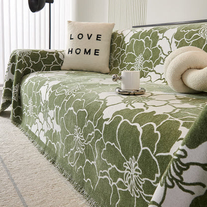 Housse de canapé en chenille avec motif floral et pompons doux