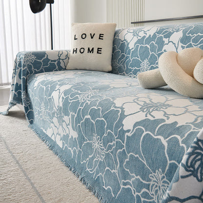 Housse de canapé en chenille avec motif floral et pompons doux