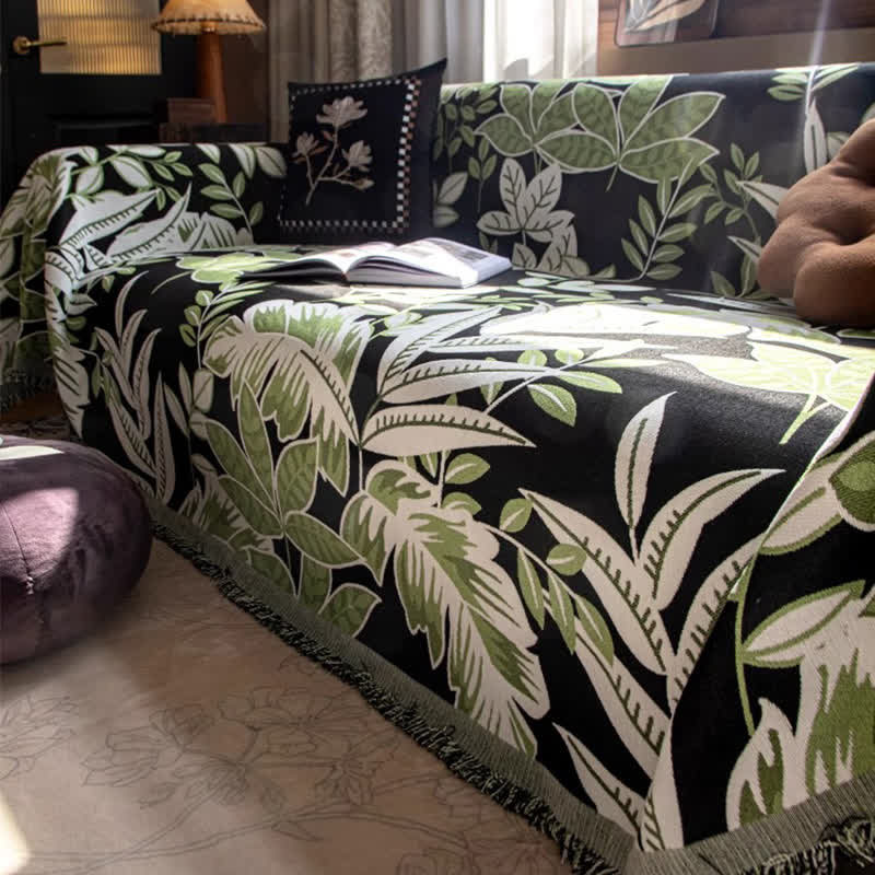 Housse de canapé en chenille à pompons style vintage « Forêt tropicale »