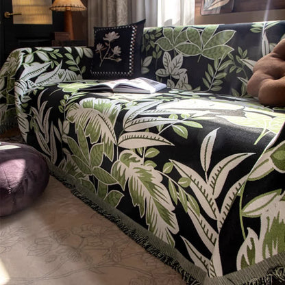 Housse de canapé en chenille à pompons style vintage « Forêt tropicale »