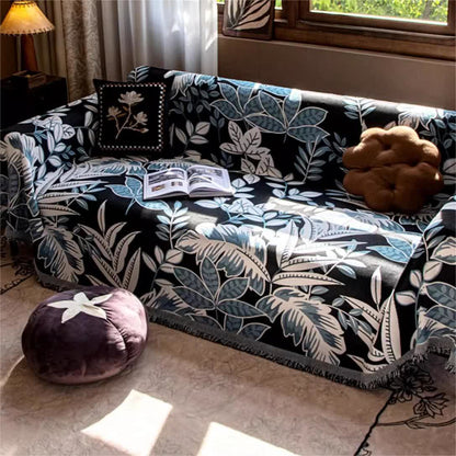 Housse de canapé en chenille à pompons style vintage « Forêt tropicale »