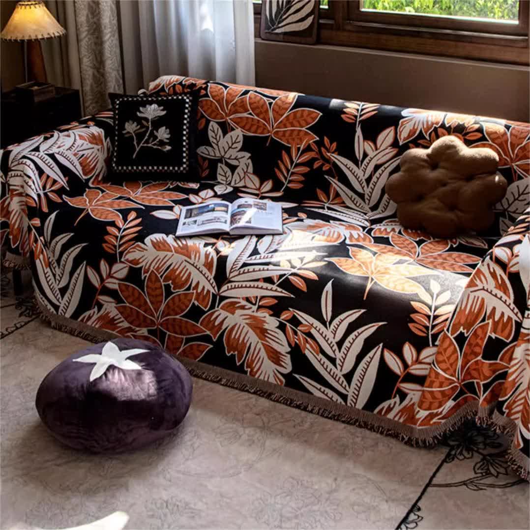 Housse de canapé en chenille à pompons style vintage « Forêt tropicale »