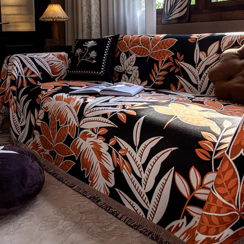 Housse de canapé en chenille à pompons style vintage « Forêt tropicale »